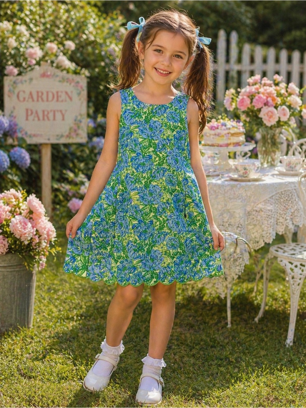 Tommy Bahama Girls Dress Size 6 Blue Green Floral Scalloped Hem Garden Party